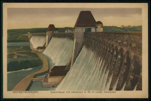 AK - Möhnetalsperre Staumauer Körbecke Kaskaden koloriert - Hydraulik Talsperre