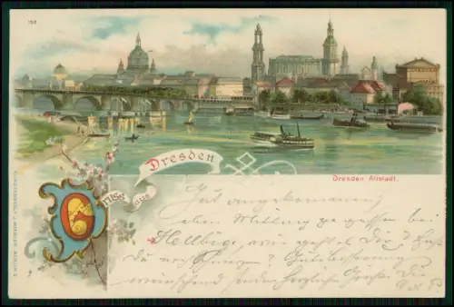 AK - Litho Dresden Altstadt 1899 gel. Elbe Dampfer Brücke koloriert Gründerzeit