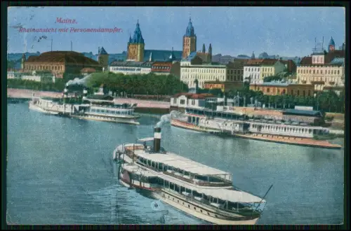 2x AK - Rheinpanorama Mainz mit Personen-Dampfer - Feldpost Mainz 1915 gelaufen