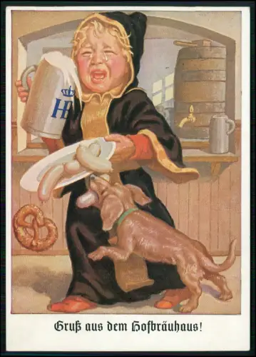 AK vom Oktoberfest - Münchner Kindl, Dackel, Bier, Weißwurst, Brezeln, Lengauer