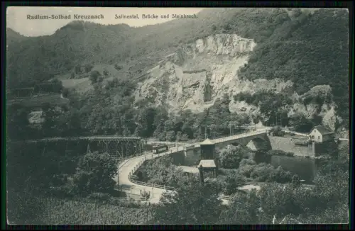 AK Bad Kreuznach Salinental mit Brücke Straßenbahn und Steinbruch 1916 gelaufen