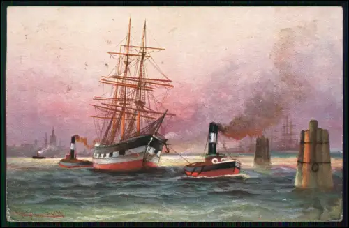 8x alte AK - Marinemalerei Segelschiffe Sonnenuntergang u.a. - 1905-10 gelaufen