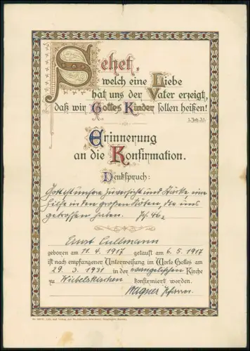 Urkunde u. Foto Schule 1931 Wiebelskirchen Neunkirchen Konfirmation E. Cullmann