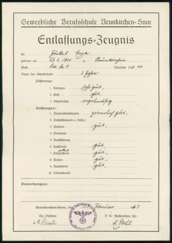 Zeugnis u. Foto Schule 1940 - Wiebelskirchen Neunkirchen - Erna Jöckel Cullmann