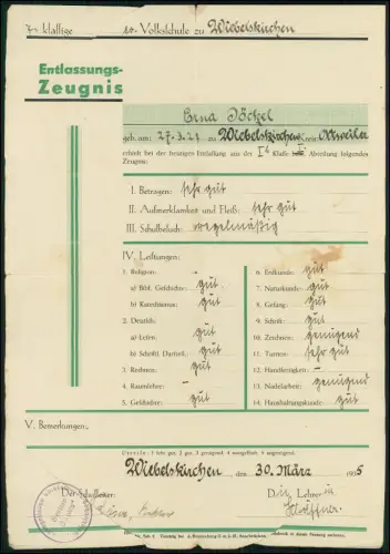 Zeugnis u. Foto Schule 1935 - Wiebelskirchen Neunkirchen - Erna Jöckel Cullmann