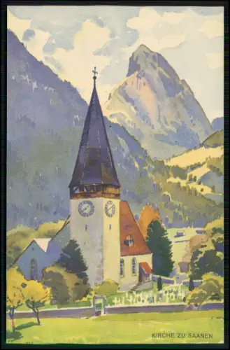 AK - Kirche zu Saanen Schweiz - kolorierte Postkarte - Fresken 15 Jh. Alpenmotiv