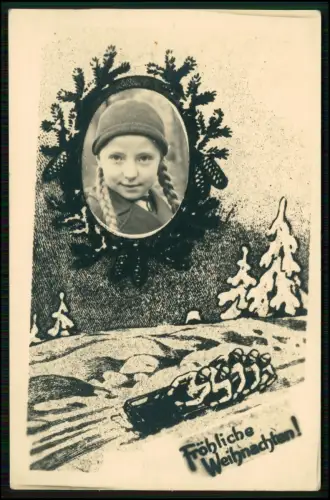 AK - Fröhliche Weihnachten Portrait Mädchen mit Zöpfen Bob Schlitten Winter 1940