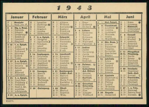 AK Kalender Jahr 1943 komplett Feiertagen Namen Mondphasen Historische Einträge