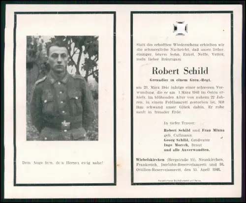 Sterbebild Robert Schild Grenadier Regt. WWII 1943 - Wiebelskirchen Neunkirchen