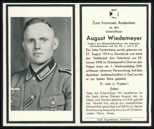Sterbebild August Wiedemeyer Osnabrück - Unteroffizier 1942 Orel WK2 EK2 EK1 ISA