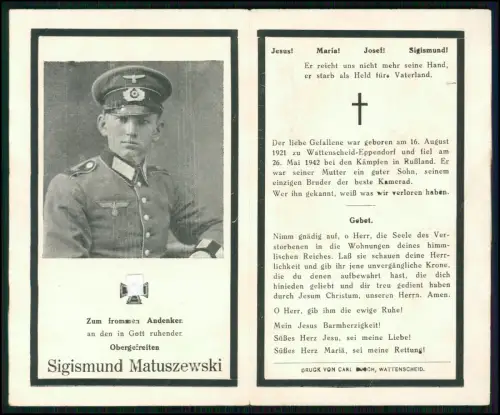 Sterbebild OGefr. Sigismund Matuszewski 1942 Russland WK2 Wattenscheid Eppendorf