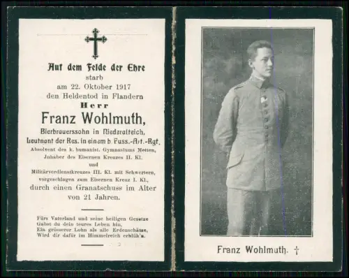 Sterbebild 1. WK - Lt Franz Wohlmuth Leutnant Flandern 1917 EK2 aus Hengersberg