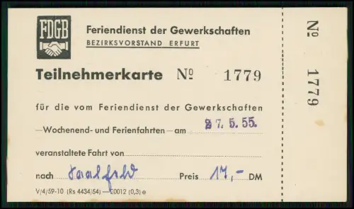 2x - FDGB Teilnehmerkarte 1955 Erfurt Feriendienst DDR Gewerkschaft Karte