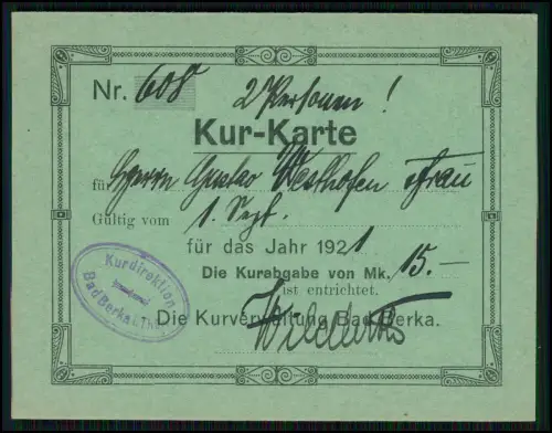 Kurkarte 1921 Bad Berka Thüringen Kurdirektion Kurverwaltung Stempel Unterschrif