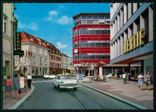 AK- Lörrach Innenstadt 1960er Kaufhaus Hertie u. Hille - Straßenbahn Opel Rekord