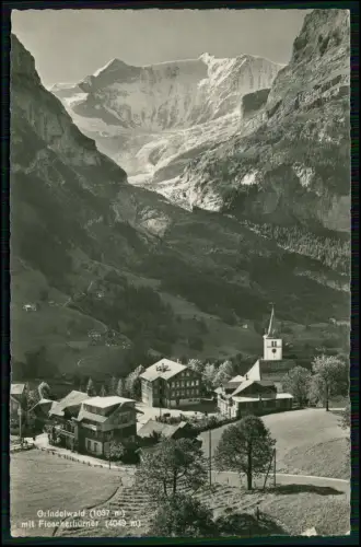 Echt Foto AK - Grindelwald Schweiz - mit Fiescherhörner Alpen Kirche Gletscher