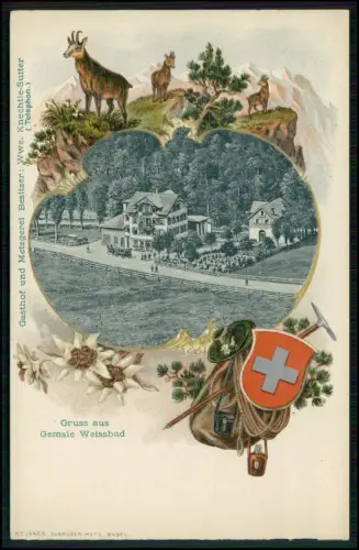 AK Präge Litho Weissbad Appenzell Gemsle Gasthof Metzgerei Edelweiß Wappen 1898