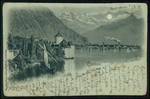 Mondschein Litho Chillon Schloss Genfersee Segelboot Seealpen Montreux 1898 gel.
