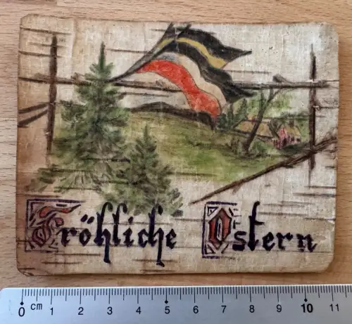 1. WK Ostfront aus Baumrinde Birke - Fröhliche Ostern bemalte Holzkarte Flagge