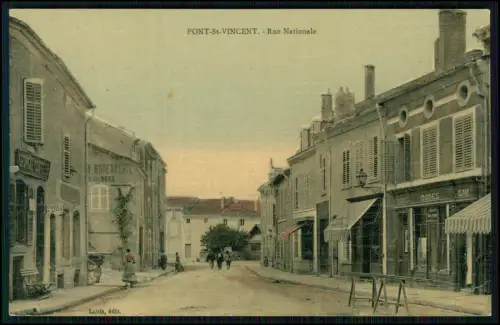 2x AK 1. WK - Pont-St-Vincent Rue Nationale Geschäftshäuser Lothringen Koloriert