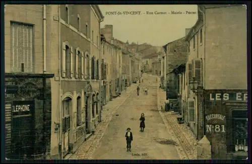 2x AK 1. WK - Pont-St-Vincent Rue Nationale Geschäftshäuser Lothringen Koloriert