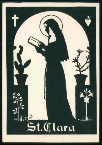 AK - St. Clara - Scherenschnitt Matthias Walter -Fulda 1955 Heiligenbild Kloster