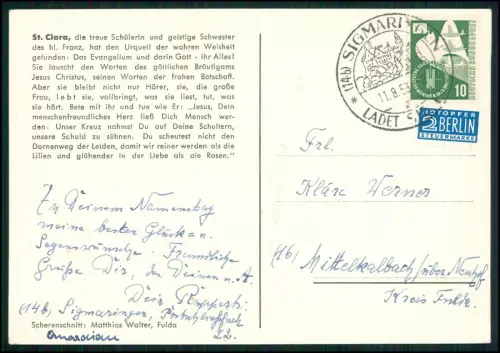 AK - St. Clara - Scherenschnitt Matthias Walter -Fulda 1955 Heiligenbild Kloster