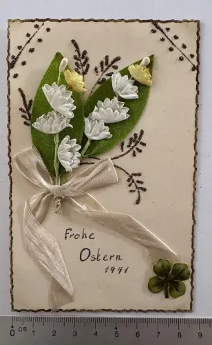 AK Hamburg 1941 Ostern Karte montiert mit Maiglöckchen, Schleife, Glitzersteine