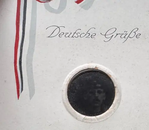 1.WK Patriotische Karte - montiert Glasnegativ Portrait Soldat - 1915 gel. Mainz