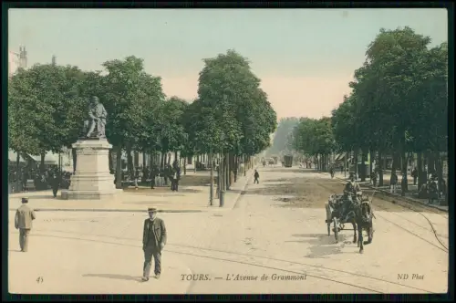 AK - Tours Avenue de Grammont Frankreich - Kolorierte 1905 Denkmal Pferdekutsche
