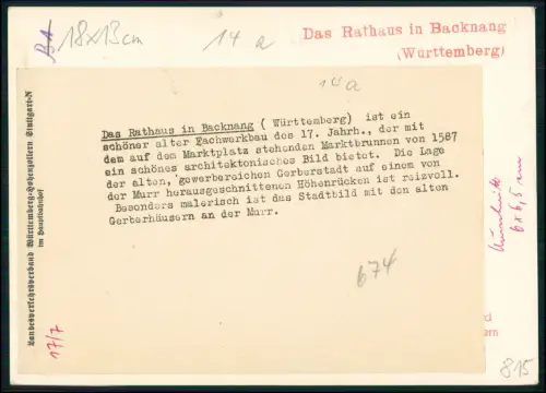 Foto 18x13 - Backnang Rathaus Württemberg - Fachwerk Marktplatz Altstadt um 1930
