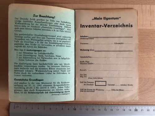 Heft Mein Eigentum Inventar Verzeichnis Notfall Ausgabe A Kleinstwohnungen 1940
