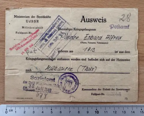 Mühlhausen Thüringen UdSSR - Ausweis 1949 Heimkehrer - Kriegsgefangener Dokument