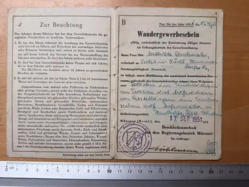 Weiblich Passfoto Ausweis Münster i. W.  Wandergewerbeschein Vordruck B Inländer