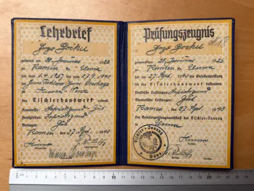 Kamen 1940 Tischler Lehrbrief mit Steckhülle - Prüfungszeugnis Ingo Gockel Unna