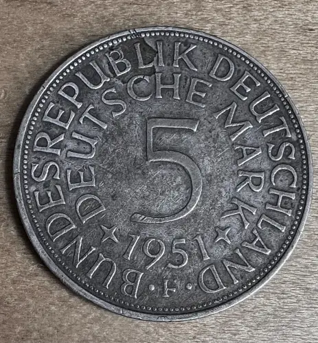 1951 Stuttgart 5 Deutsche Mark - Bundesrepublik Deutschland Silbermünze Adler F