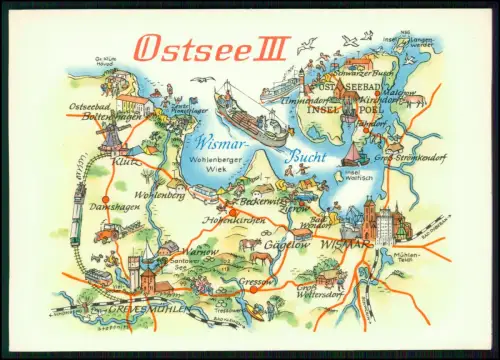 AK Wismar Insel Poel Grevesmühlen Boltenhagen Ostsee III DDR Karte Illustration