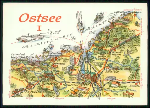 AK - Kühlungsborn Rostock Warnemünde u.a. - farbenfrohe gezeichnete Karte Ostsee