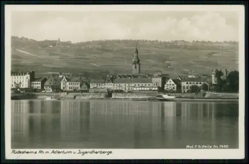 Foto AK - Rüdesheim am Rhein - mit Adlerturm und Jugendherberge - 1932 gelaufen