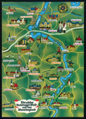 AK Landkarte Weserbergland Detmold Hameln Höxter Paderborn Bad Pyrmont Salzuflen