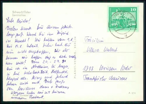 AK Schwedt Oder Leninallee DDR Architektur Wohnblock Skulptur Tram 1960er Jahre