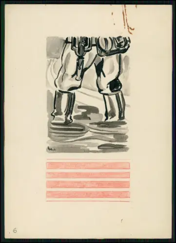 2x 15x10 -Künstlerzeichnung signiert 2. Weltkrieg Karikatur Soldat Schlamm Humor