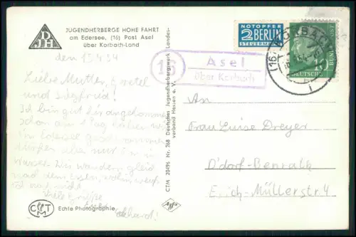 AK Asel Edersee - Jugendherberge Hohe Fahrt - Landpoststempel Asel Korbach gel.