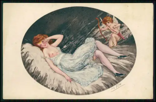 2x AK  Paris P. E. Felix Liebesszene mit Amor junge Frau Brust frei Spitzenkleid