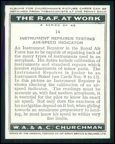 13x Serie Churchman’s Cigarettes The R.A.F. at Work 1939 Royal Air Force England