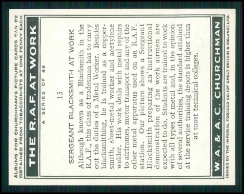 13x Serie Churchman’s Cigarettes The R.A.F. at Work 1939 Royal Air Force England