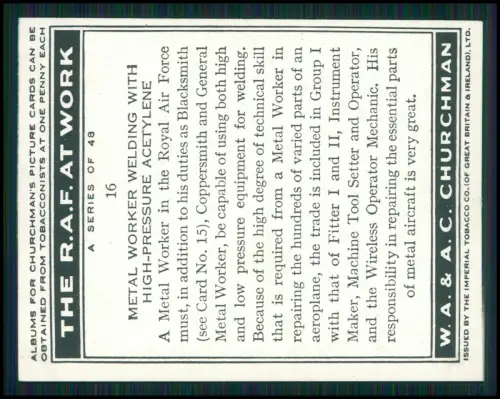 13x Serie Churchman’s Cigarettes The R.A.F. at Work 1939 Royal Air Force England