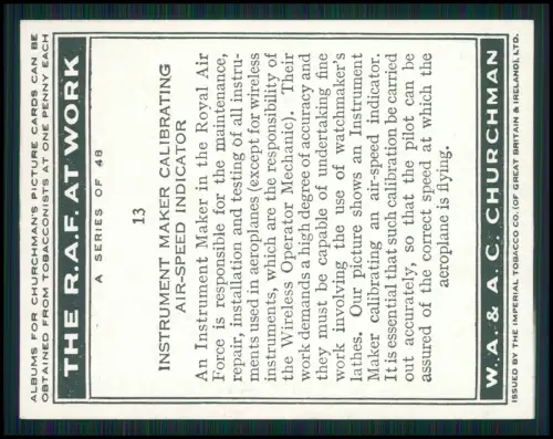 13x Serie Churchman’s Cigarettes The R.A.F. at Work 1939 Royal Air Force England