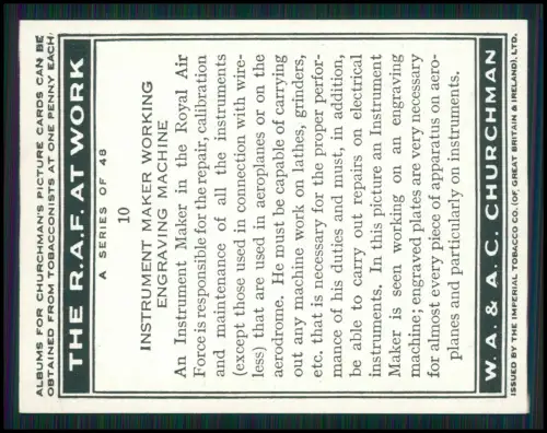 13x Serie Churchman’s Cigarettes The R.A.F. at Work 1939 Royal Air Force England