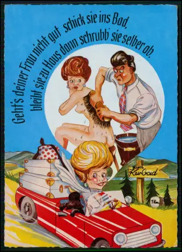 AK - Humorvolle Karikatur Mann schrubbt Frau nackt im Bad satirische Darstellung